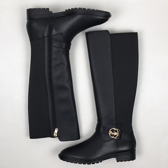 COACH Farrah Black Leather Tall Riding Boots Logo Buckle NEW NWOB - Picture 8 of 16